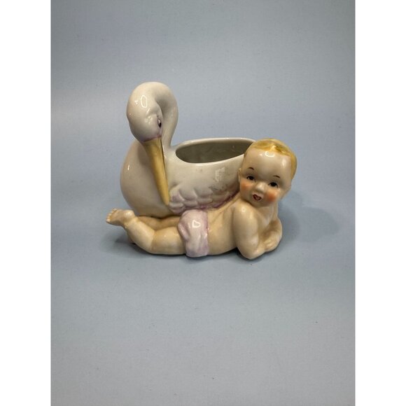 Vintage Ceramic Baby & Stork Planter Figurine Made In England 4 3/4" X 4 1/2" Nu - Picture 2 of 6